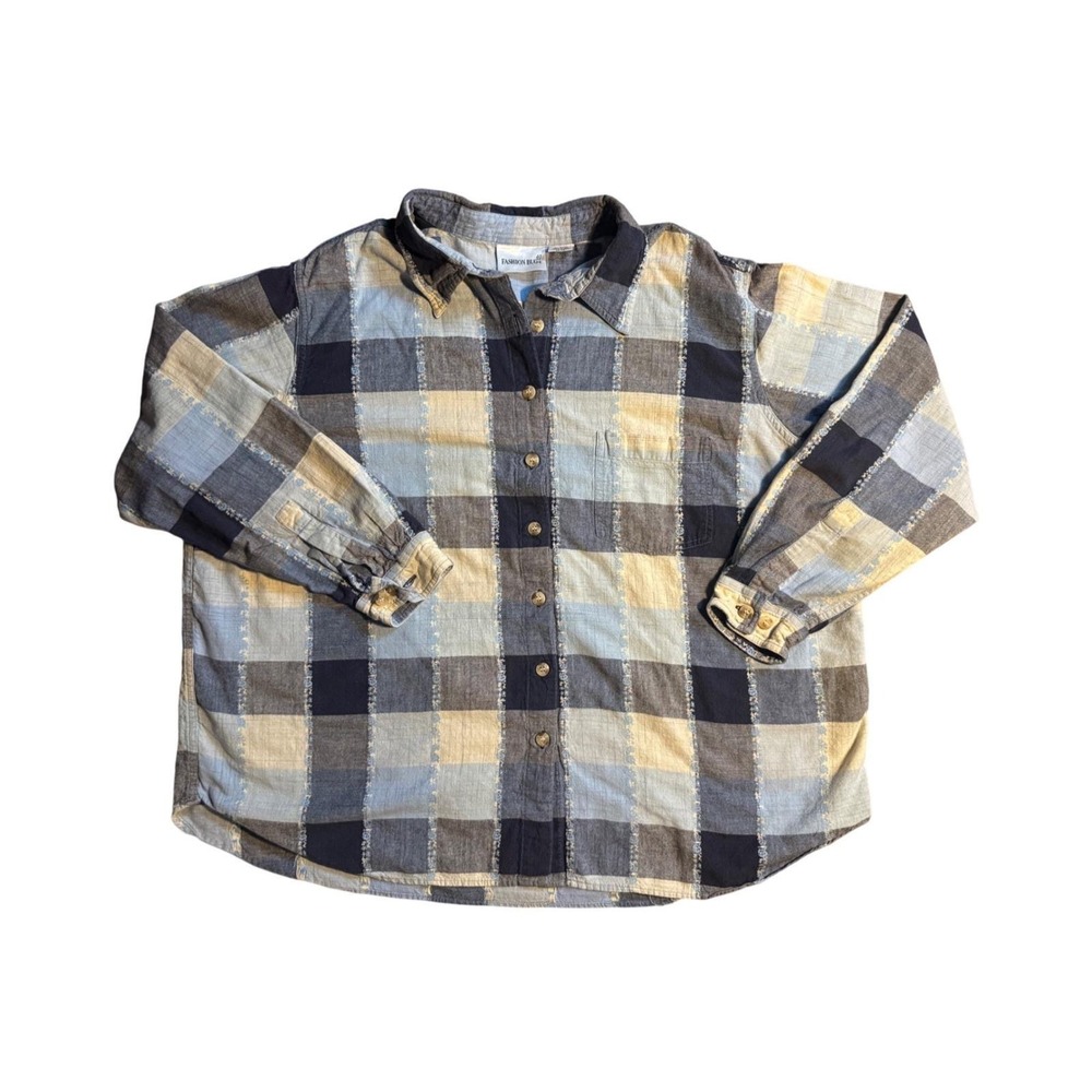 Vintage Fashion Bug Patchwork Denim Plaid Shirt women's Y2K Button Up